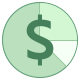 A green, circular icon with a dollar sign in the center. The background consists of various shades of green, divided into segments, with one white segment, resembling a pie chart.