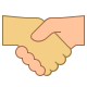 An illustration of two hands shaking, representing a handshake. One hand is colored in a light beige tone, and the other in a darker beige tone, symbolizing agreement or partnership.