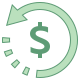 A green, circular arrow curling counterclockwise around a green dollar sign. The arrow has three small, dashed lines near its tail, symbolizing a financial transaction, refund, or cash flow. The image is simple and uses a light green color scheme.