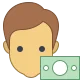 An illustration of a person with short light-brown hair, depicted in a minimalistic style, with a green banknote in the foreground.