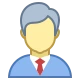 An illustrated avatar depicting a person with short gray hair wearing a blue suit and a red tie. The background is transparent, and the figure has simplified, minimalistic facial features.