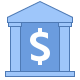 A blue and light blue icon depicting a classical bank building with a dollar sign ($) in the middle. The building features three columns and a triangular pediment on top.