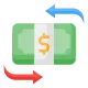 An icon of a green banknote with a dollar sign in the center, flanked by a red arrow pointing left and a blue arrow pointing right, indicating a monetary transaction or currency exchange.