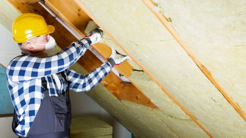 Man Installing Thermal Roof Insulation Layer Using Mineral Wool Panels Attic Renovation And Insulation Concept 1024x577