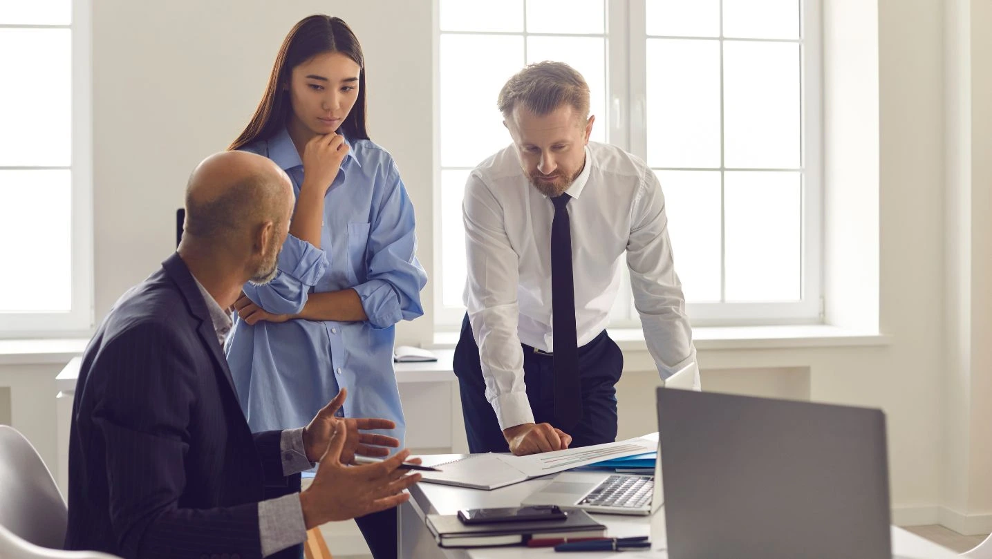 Serious Employees Listening To Boss S Advice And Instructions While Solving Work Project Problem